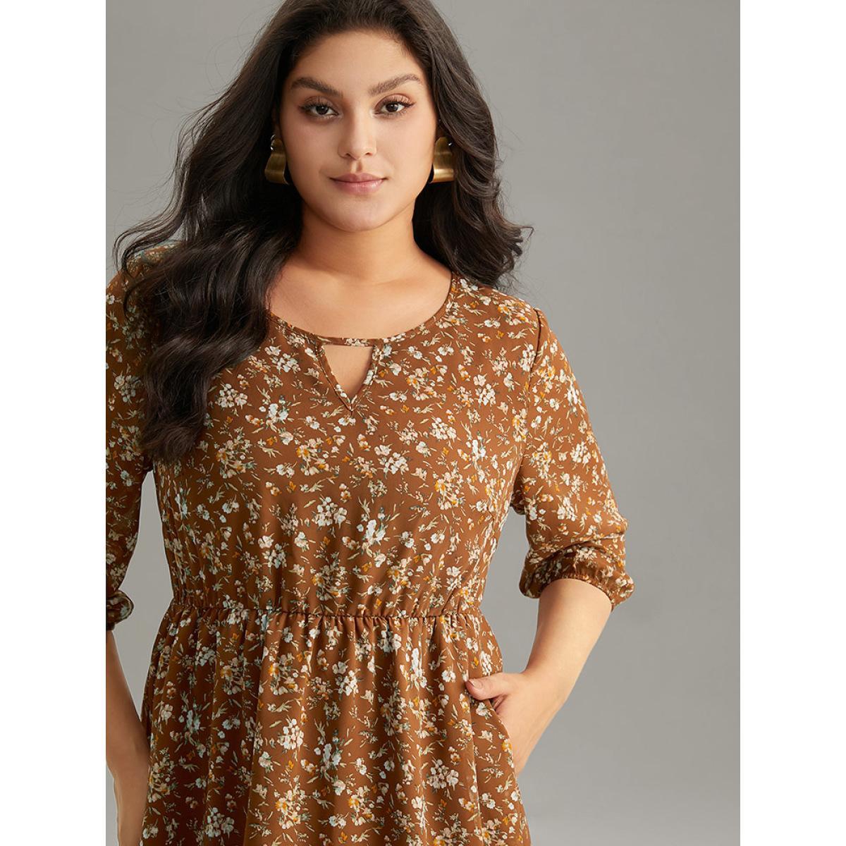 Plus Size Ditsy Floral Cut Out Elastic Cuffs Dress Rust Women Elegant Elastic cuffs Keyhole Cut-Out Elbow-length sleeve Curvy Midi Dress BloomChic 14-16/1X Product Image