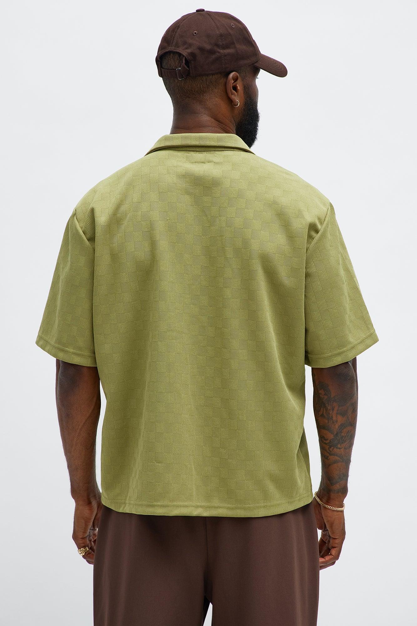 Checker Texture Cuban Button Up Shirt - Olive Product Image