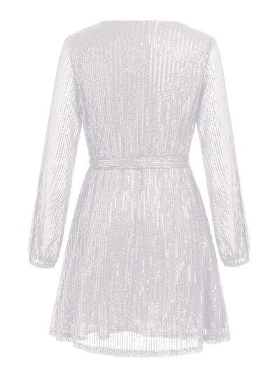Sequin Tie Waist Long Sleeve Mini Dress Product Image