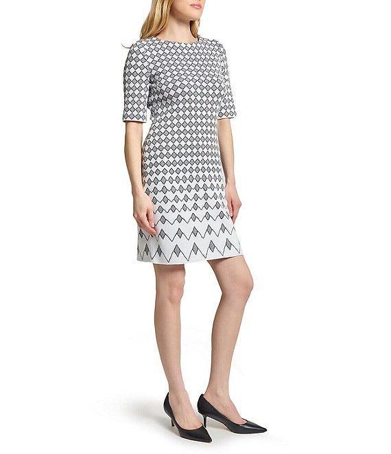Ming Wang Knit Jacquard Geo Print Round Neck Elbow Sleeve Dress Product Image
