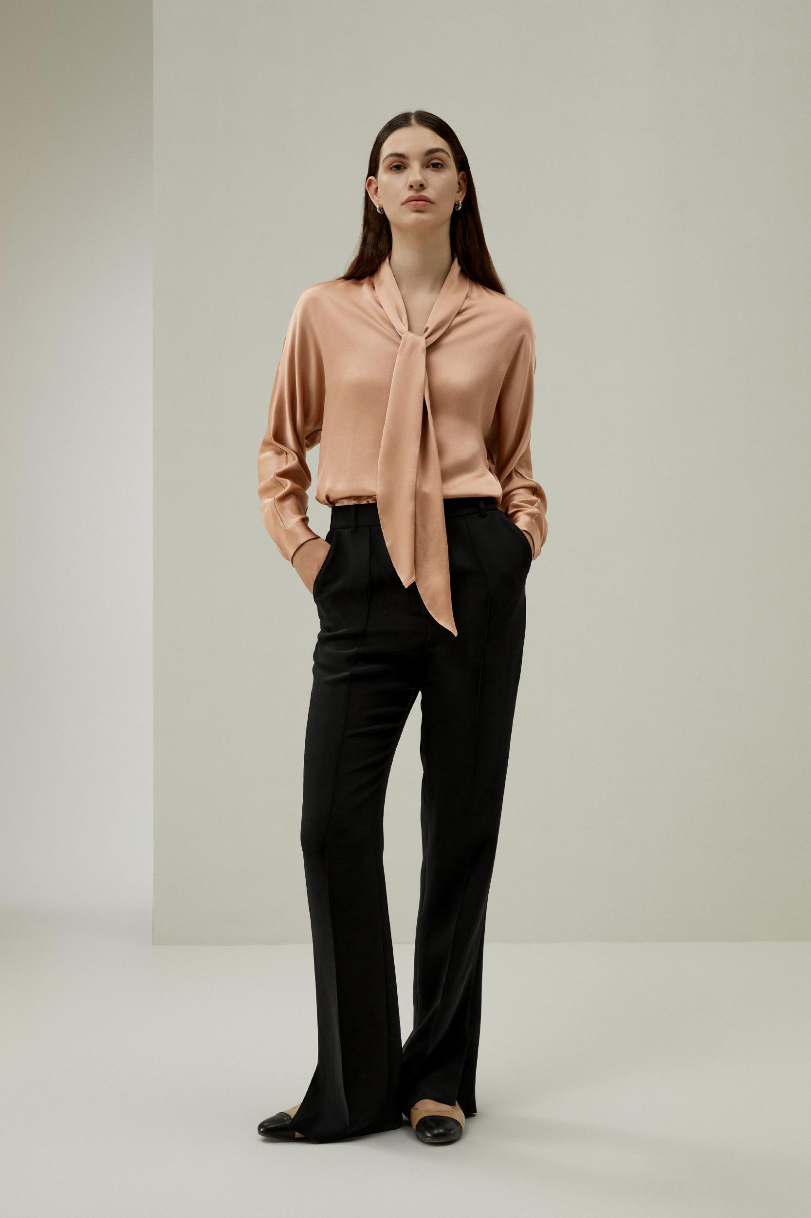 Bat Sleeve Silk Top with Adjustable Neck Tie Product Image
