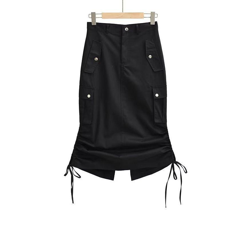 High Waist Plain Drawstring Midi Pencil Cargo Skirt Product Image