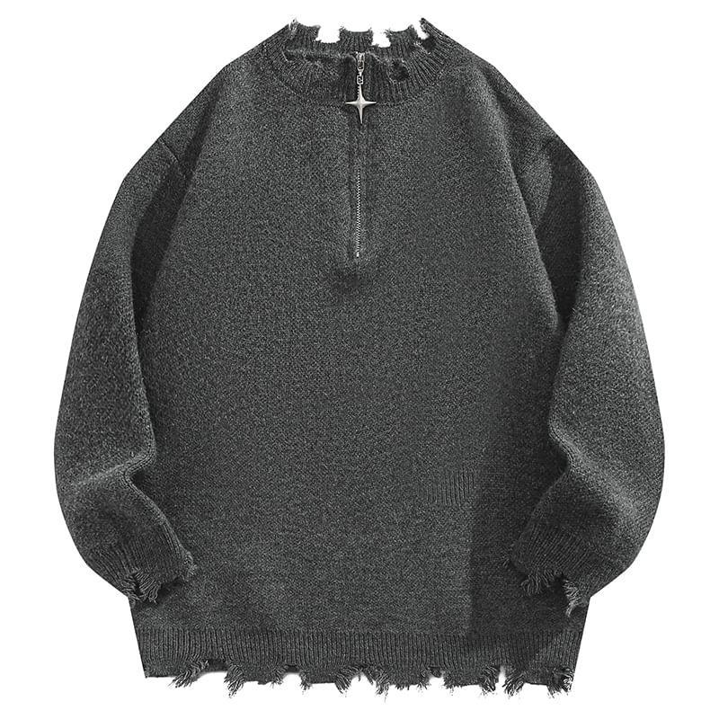 Mock Neck Half Zip Distressed Plain Sweater Product Image
