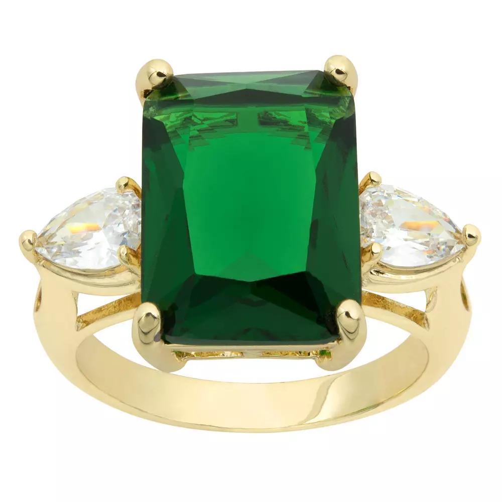 City Luxe Gold Tone Large Emerald Cut Green Crystal & Clear Cubic Zirconia Ring, Women's, Size: 7, Gold Tone Green Product Image