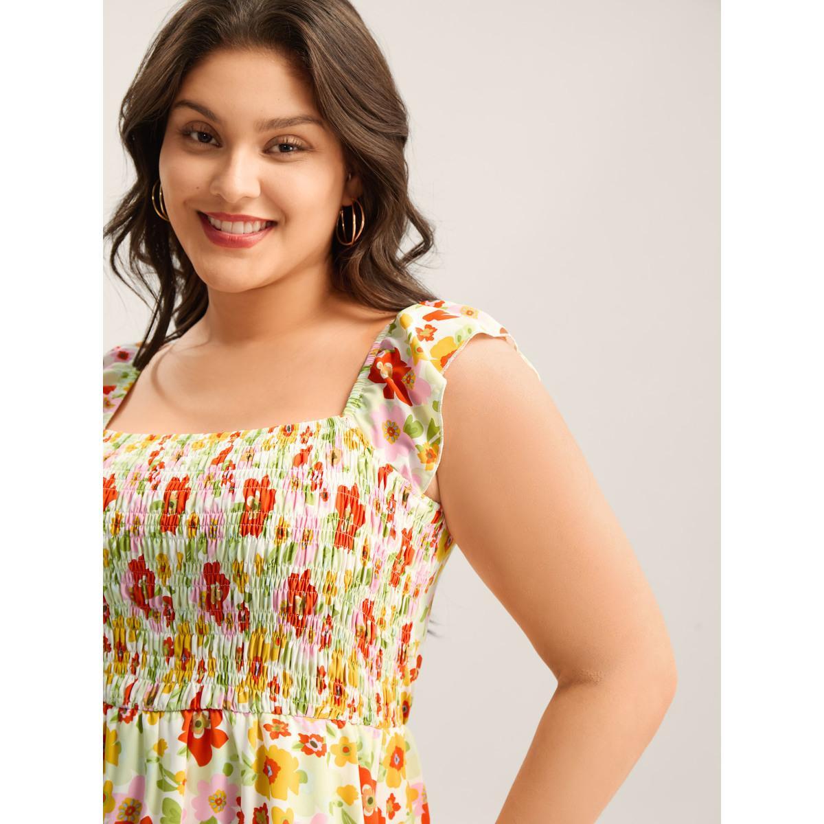 Plus Size Floral Garden Stretchy Waist Shirred Midi Dress Ivory Women Square Neck Cap Sleeve Curvy BloomChic 10/M Product Image