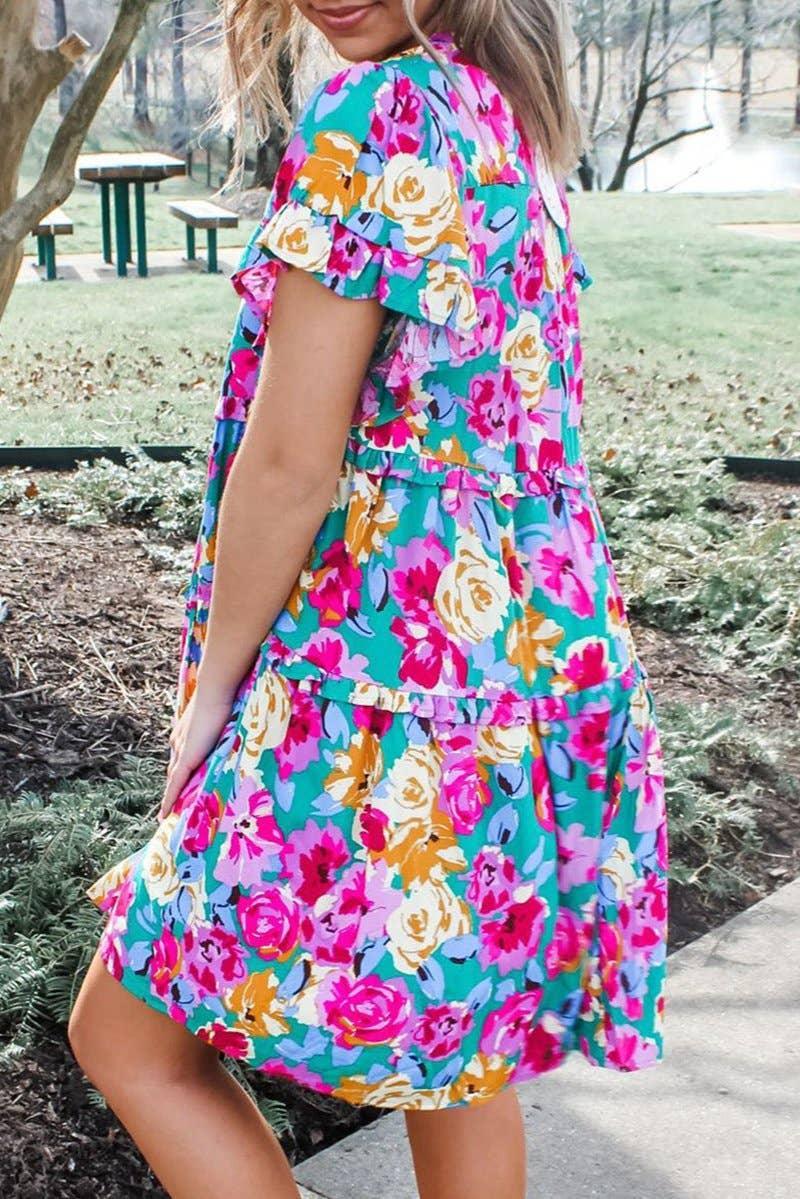 Floral Ruffle Tiered Short Dress: Green Product Image