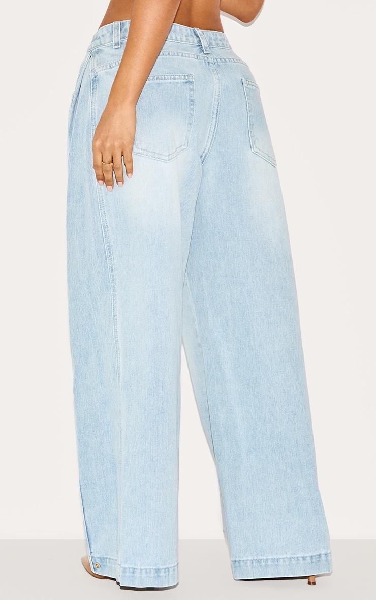 Petite Light Blue Denim Side Pleated Detail Wide Leg Jeans Product Image