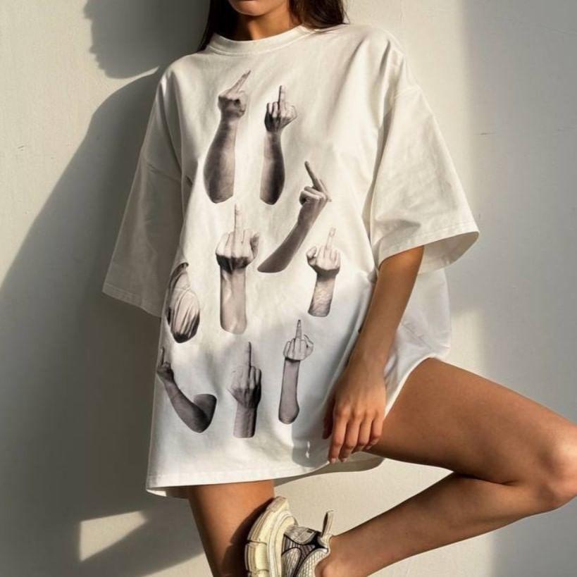 3/4-Sleeve Crew Neck Hand Print Oversized T-Shirt Product Image