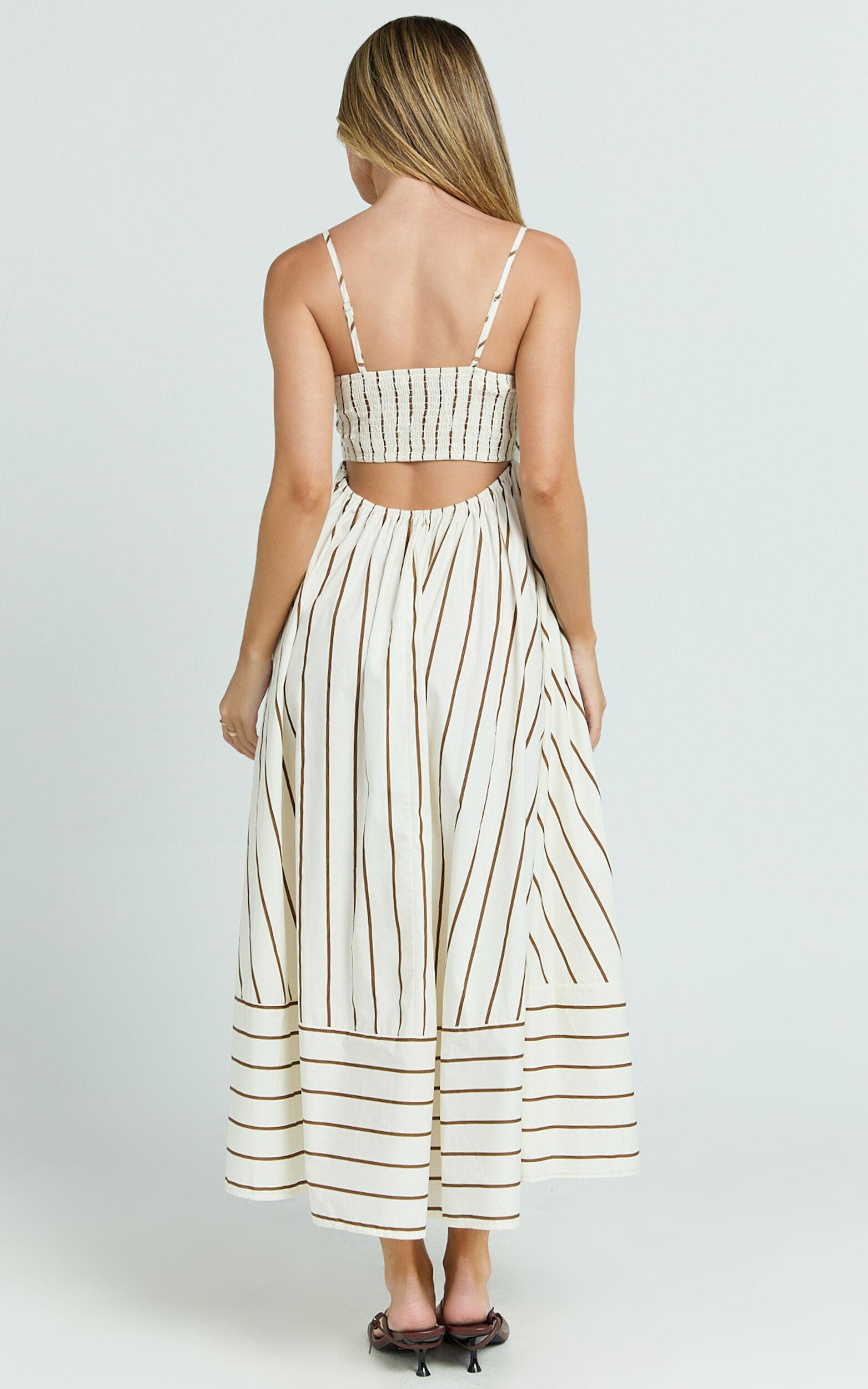 Erich Midi Dress - Open Back Stripe Dress in Beige White Product Image