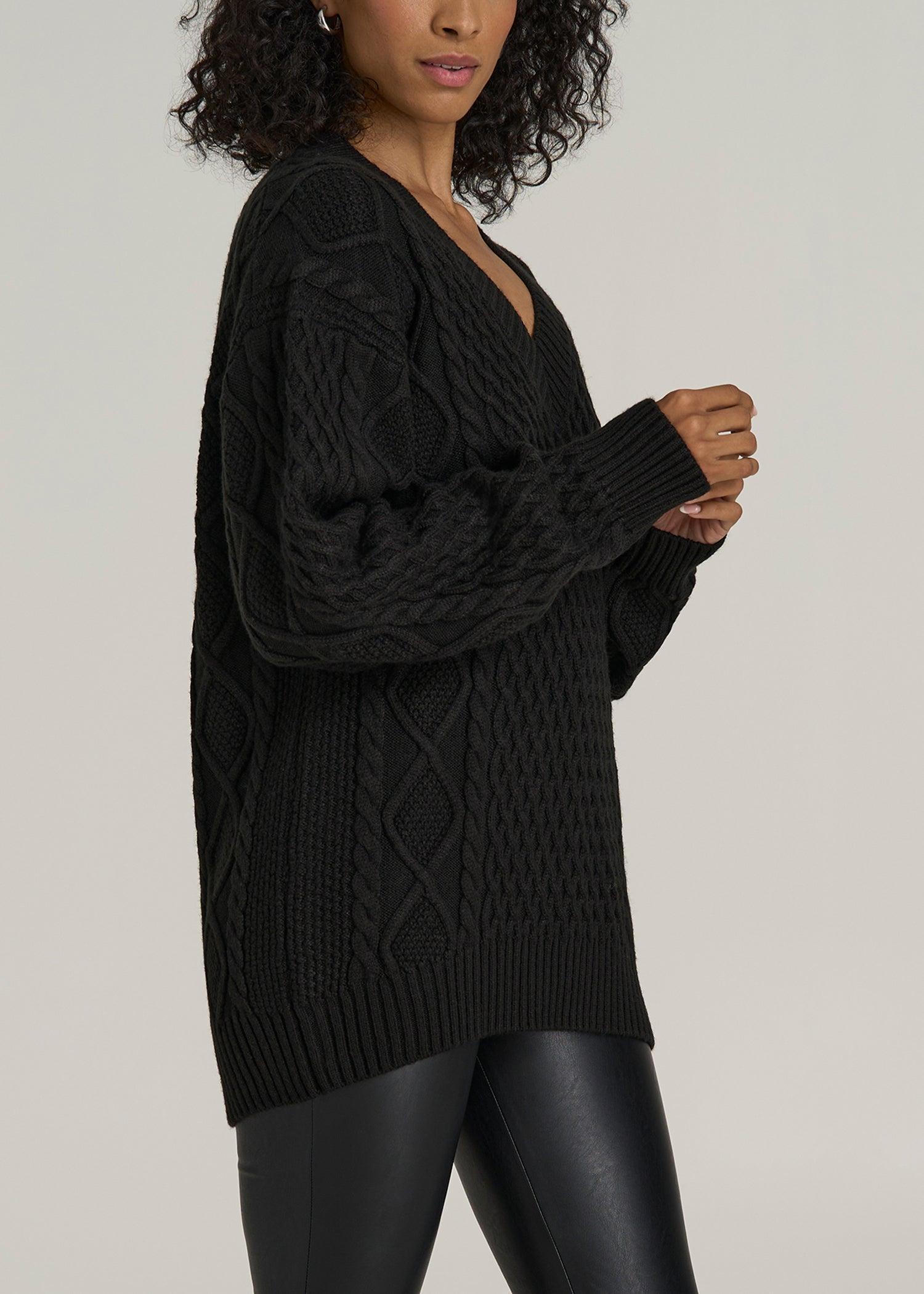 V Neck Cashmere Blend Cable Knit Women's Tall Sweater in Black Product Image