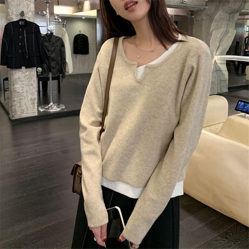 Notch Neck Two Tone Mock Two-Piece Sweater Product Image