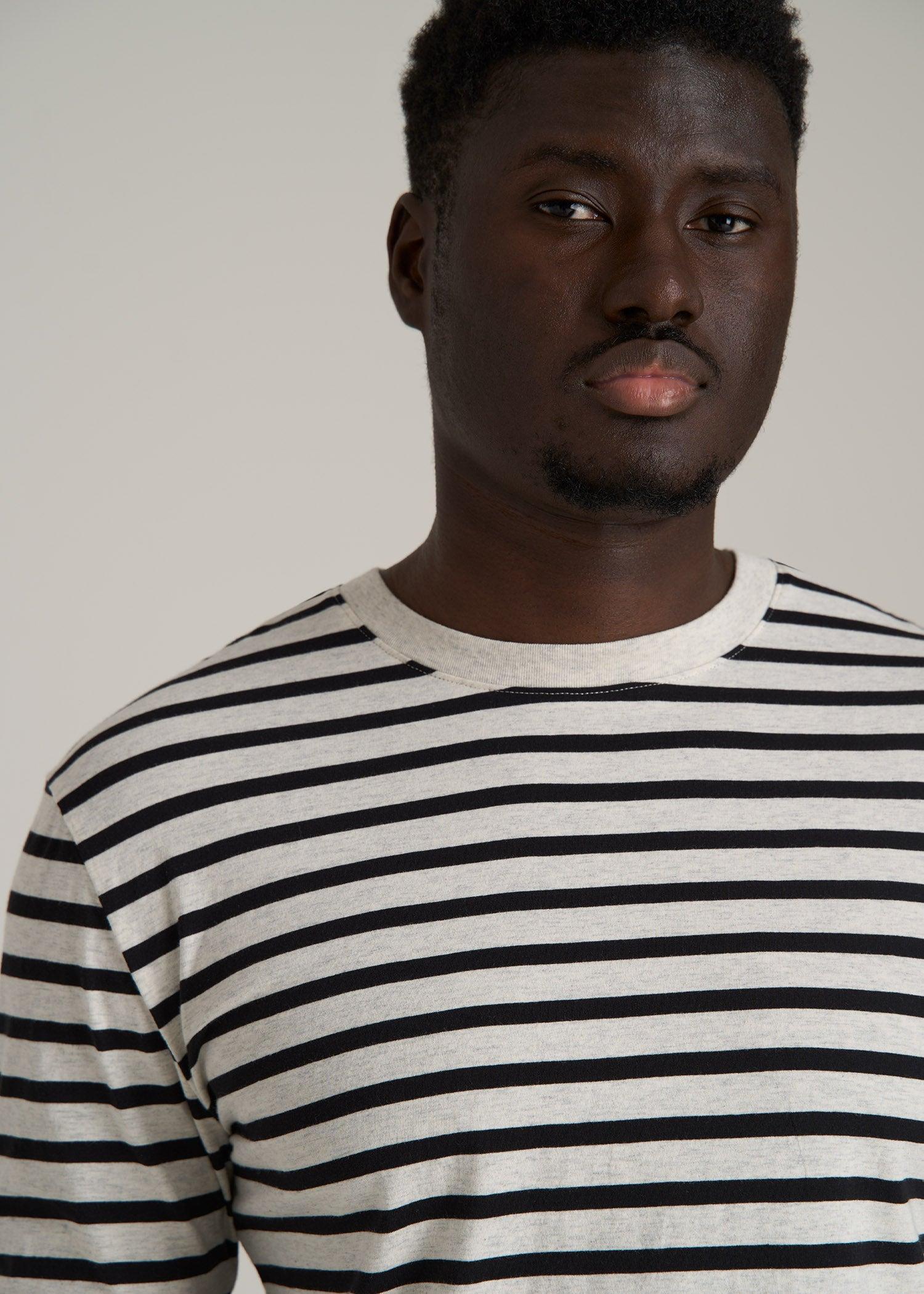 Long Sleeve Striped Tall Men's Tee in Beige Heather and Black Stripe Product Image
