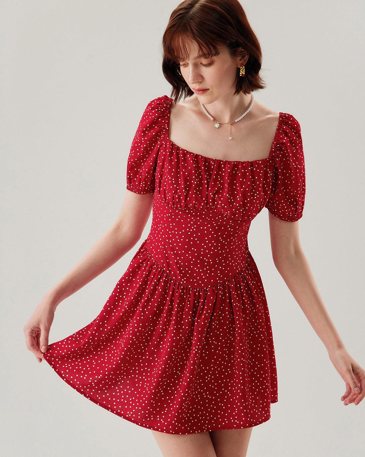 Red Polka Dot Square Neck Mini Dress Product Image