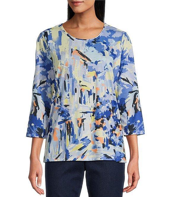 Allison Daley Embellished Tropical Villa Print 3/4 Sleeve Crew Neck Knit Top Product Image