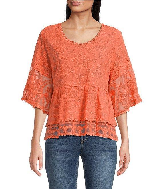 Democracy Allover Embroidered Scoop Neck 3/4 Sleeve Scallop edge Double Layer Hem Peplum Top Product Image