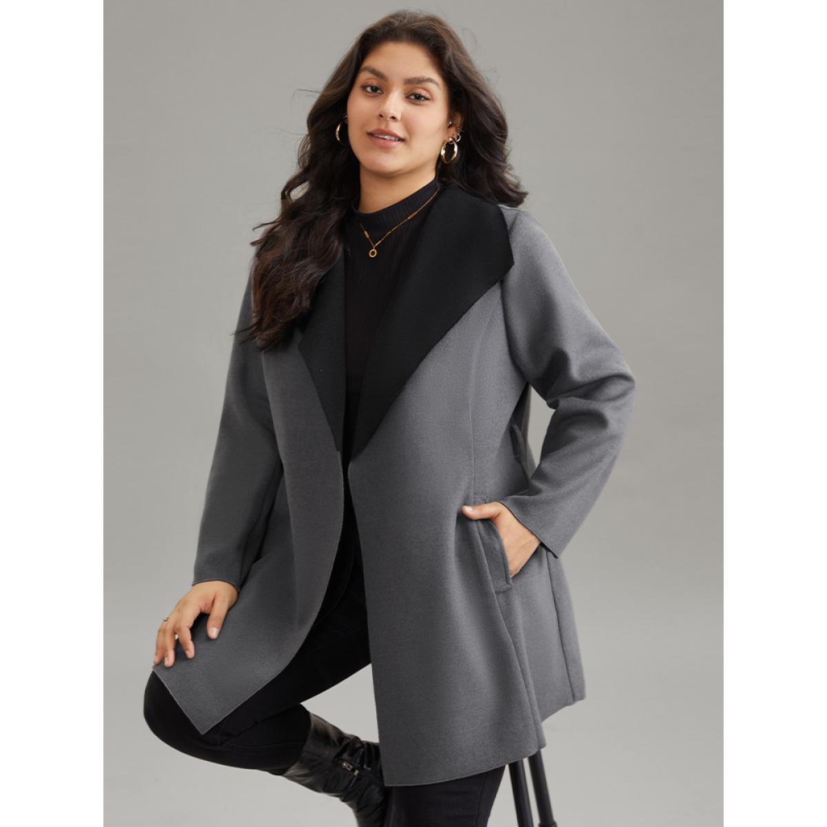 Plus Size Lapel Collar Contrast Belted Coat Women Gray Elegant Belted Ladies Everyday Winter Coats BloomChic 30/6X Product Image