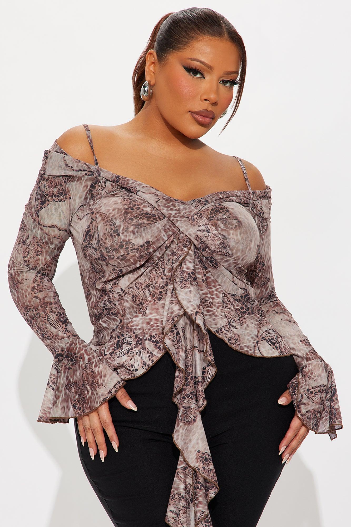 My Sanctuary Ruffle Long Sleeve Top  - Brown/combo Female Product Image