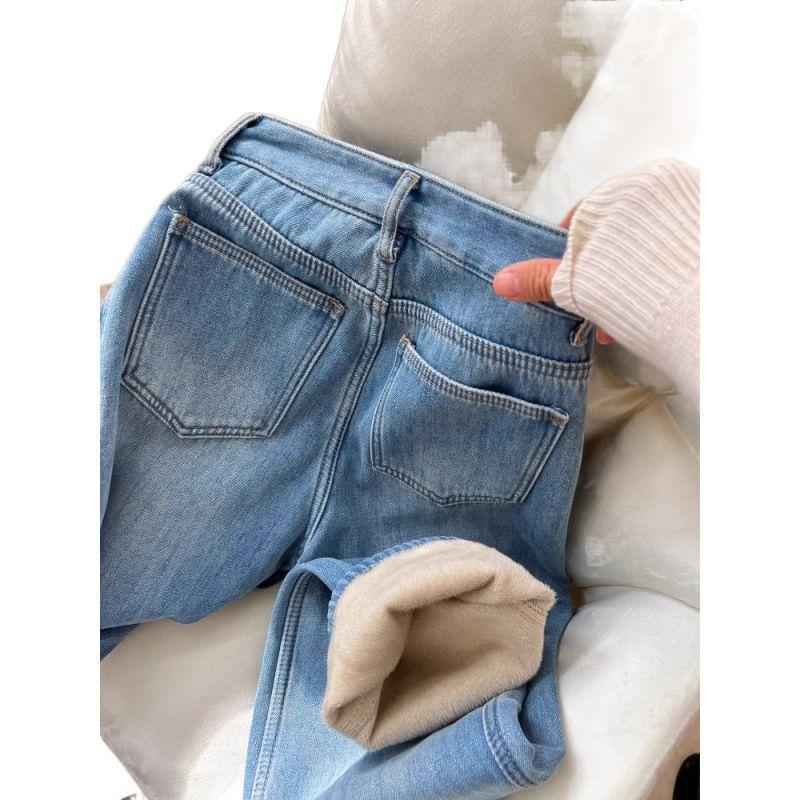 Mid Waist Washed Straight Leg Jeans Product Image