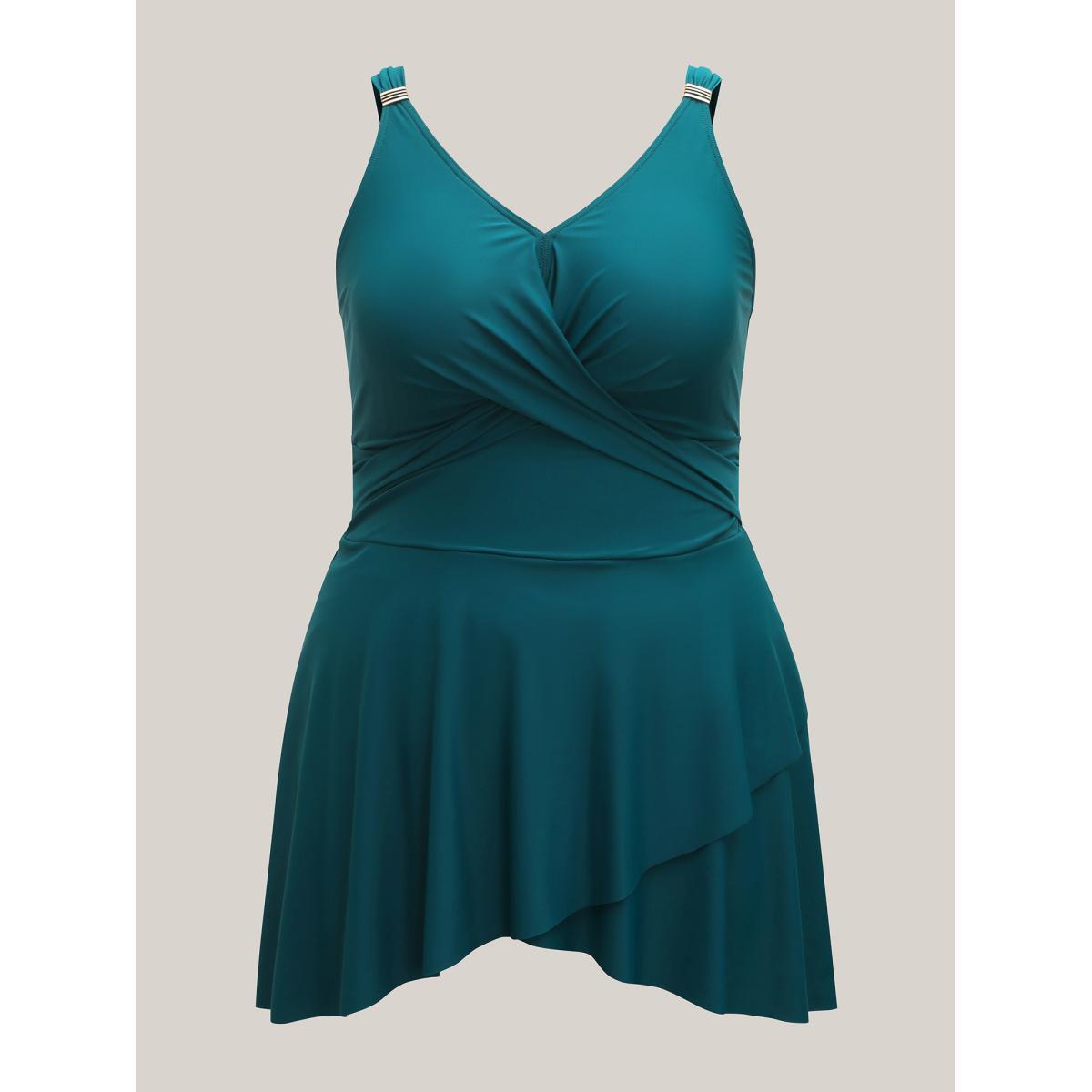 Plus Size Anti-Float Tie Twist Solid Swim Dress Women's Swimwear Teal Beach Bodycon V-neck High stretch Curve Swim Dresses BloomChic 18-20/2X Product Image
