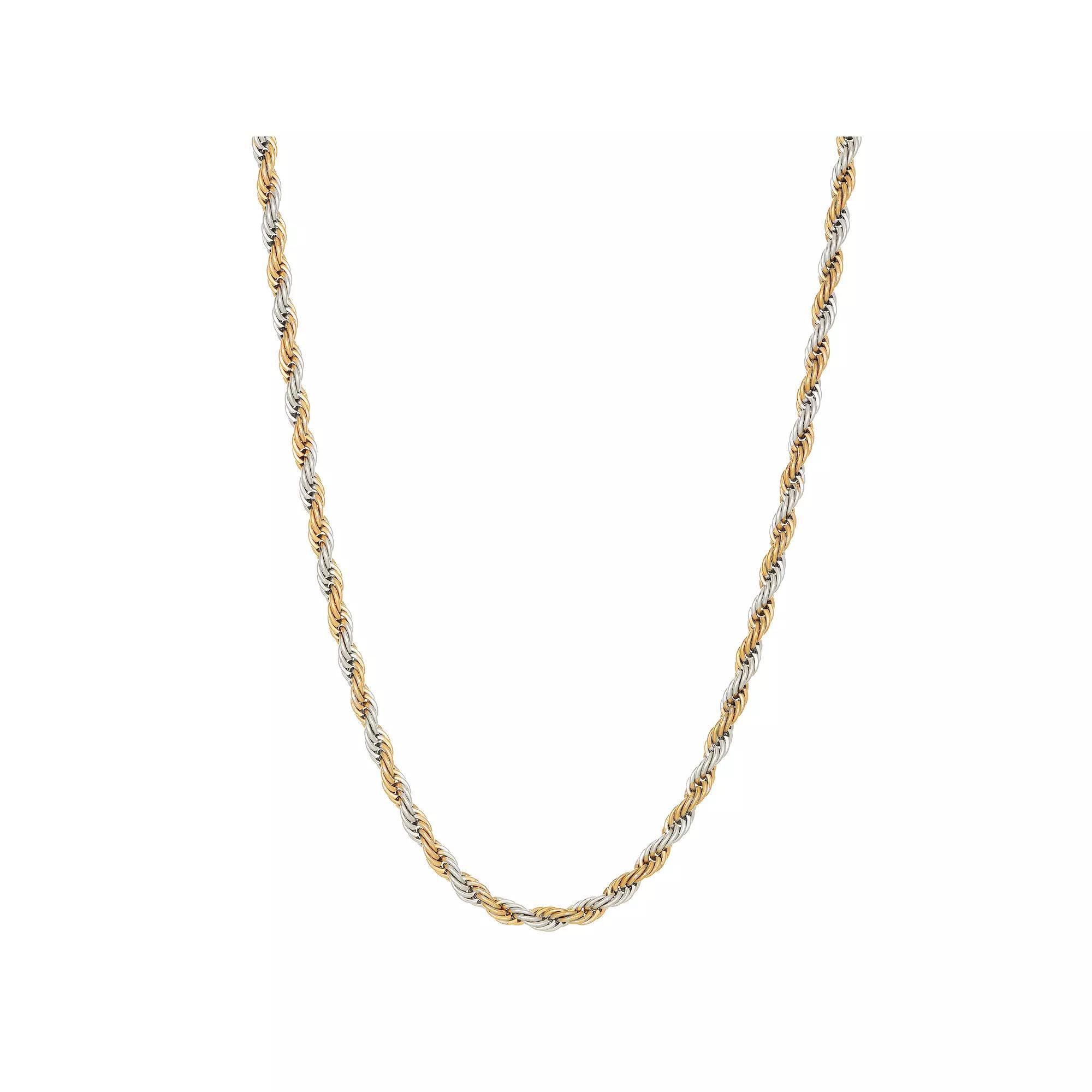 Mens LYNX Stainless Steel Rope Chain Necklace Two Tone Product Image