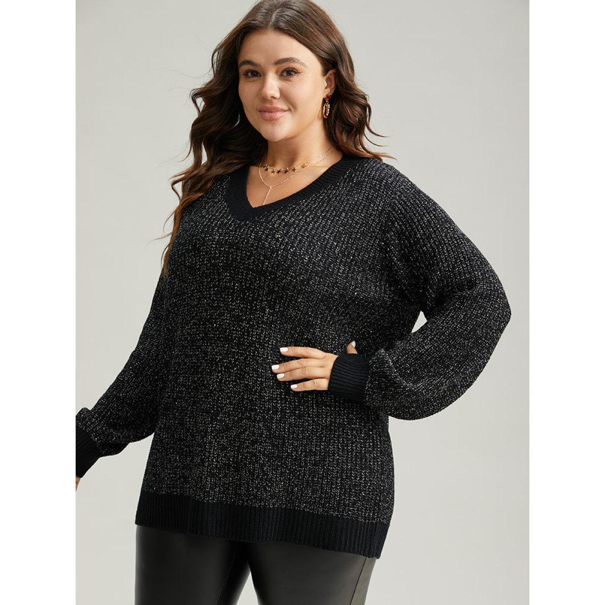 Plus Size Sparkly Elastic Cuffs Loose Pullover Black Women Casual Loose Long Sleeve V-neck Dailywear Pullovers BloomChic 28/5X Product Image