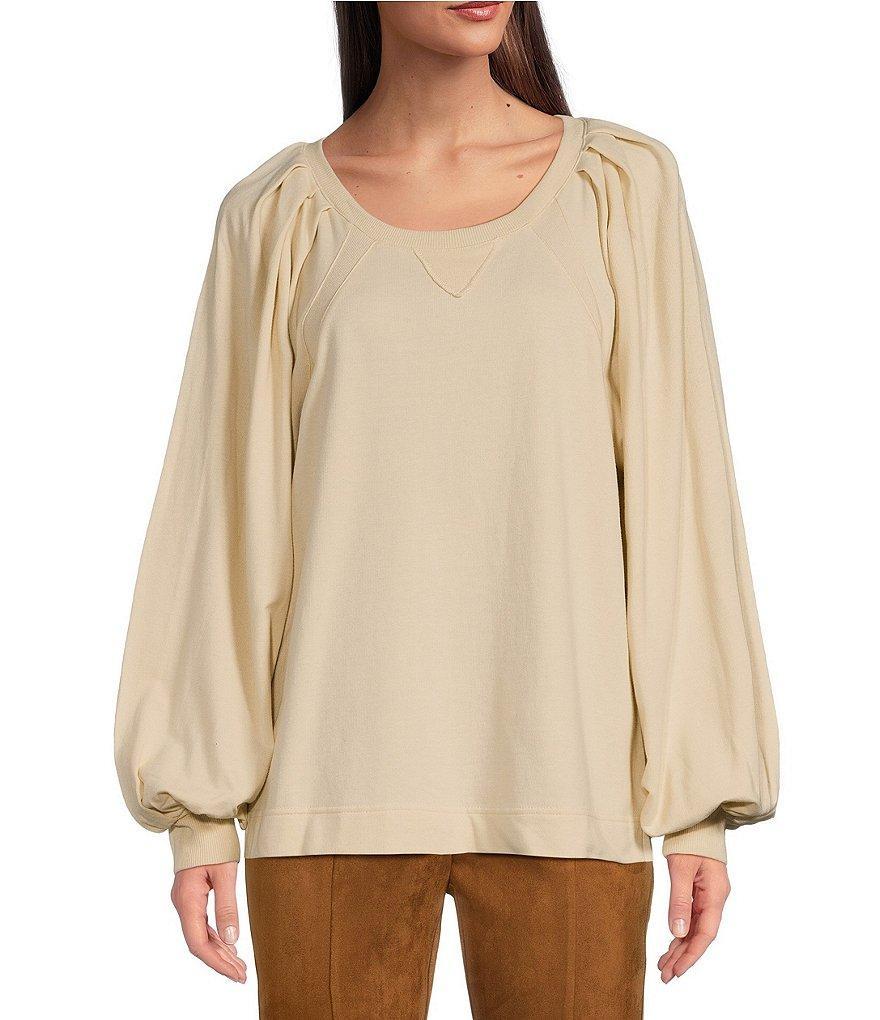 Gibson & Latimer Knit Crew Neck Pleated Long Raglan Balloon Sleeve Top Product Image