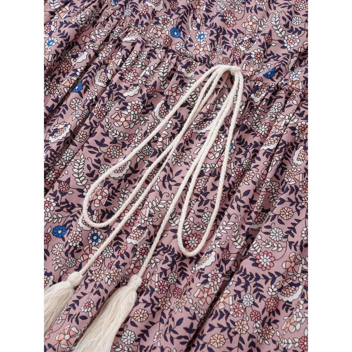 Plus Size Boho Print Notched Ties Tassel Trim Dress DustyPink Women Resort Non Flat collar with V-notch Short sleeve Curvy BloomChic 22-24/3X Product Image