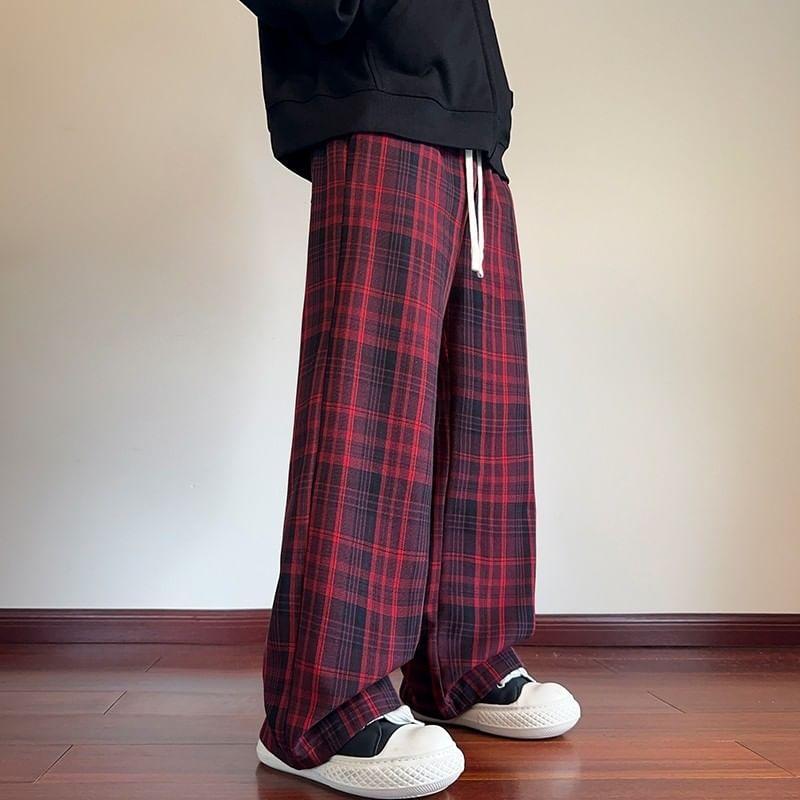 Drawstring Waist Plaid Wide Leg Pants Product Image