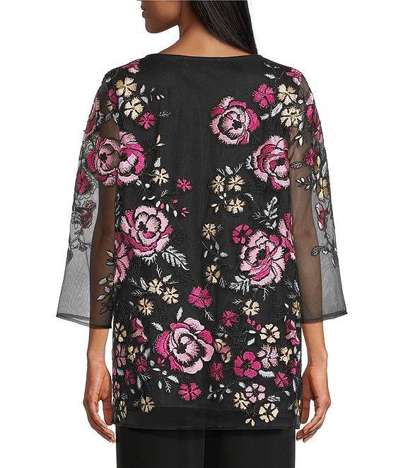 Caroline Rose Pink Rose Floral Embroidered Mesh Scoop Neck 3/4 Sleeve Tunic Product Image