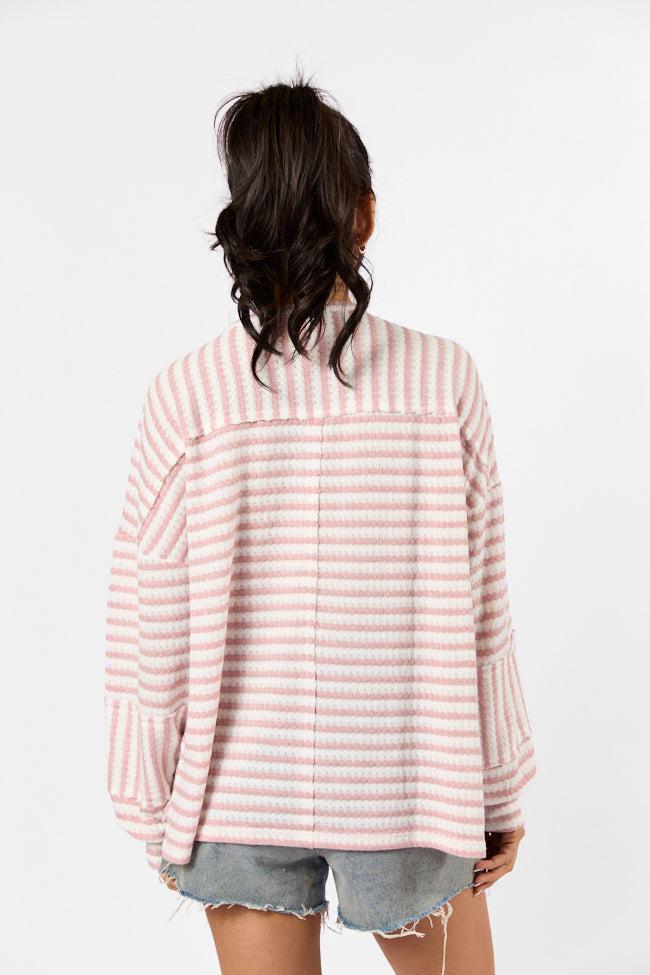 All For Sun Pink and Ivory Striped Knit V-Neck Long Sleeve Tee FINAL SALE Product Image