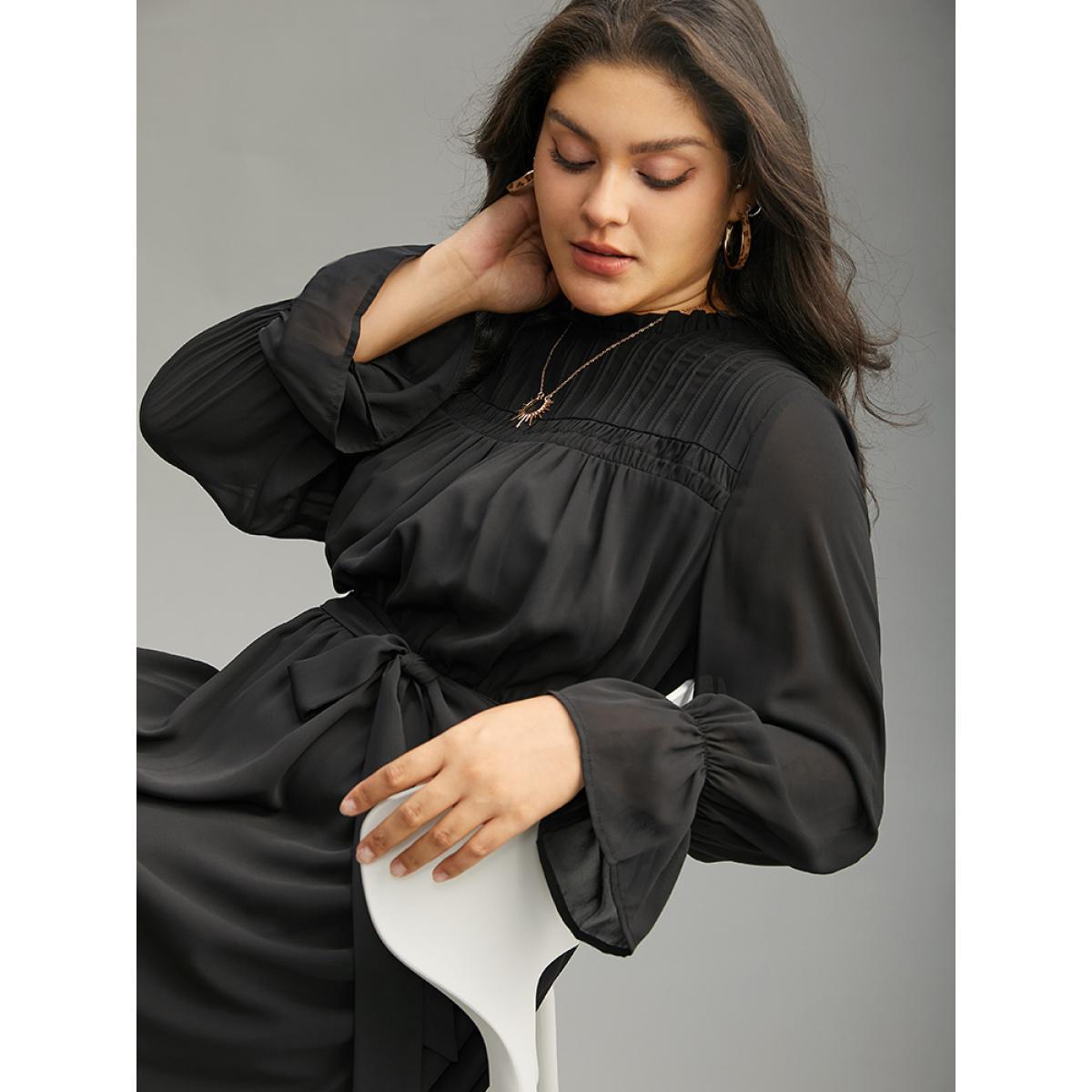 Plus Size Plain Pleated Stand Collar Shirred Ruffles Dress Black Women Office Plain Stand-up collar Long Sleeve Curvy Midi Dress BloomChic 18-20/2X Product Image