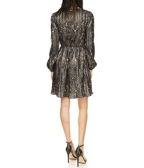 Michael Kors Pleated Foil Surplice V-Neck Long Sleeve Mini Dress Product Image