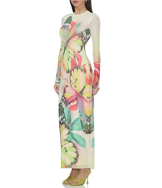 AFRM Didi Butterfly Printed Crewneck Longsleeve Ankle Mesh Maxi Dress Product Image