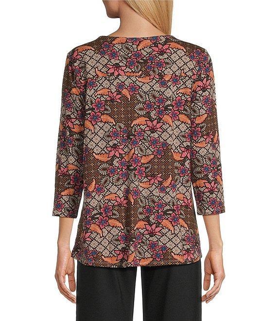 Intro Petite Size Knit Jersey Beaujolais Floral Batik Print 3/4 Sleeve Pleated Neck Tee Product Image