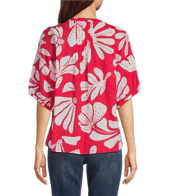 Ali Miles Clip Dot Leaf Print Y-Neck 3/4 Cuff Sleeve Tunic Product Image