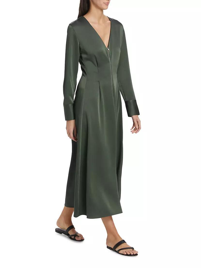 Satin Zip-Front V-Neck Maxi Dress Product Image