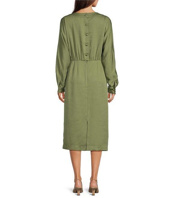 Le' AL.X Woven Boat Neck Long Dolman Blouson Sleeve Keyhole Pleat Sheath Midi Dress Product Image