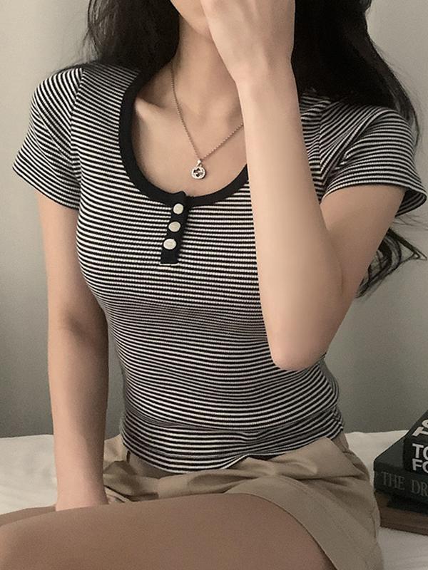 Vintage Striped Three Button Short Sleeves Product Image
