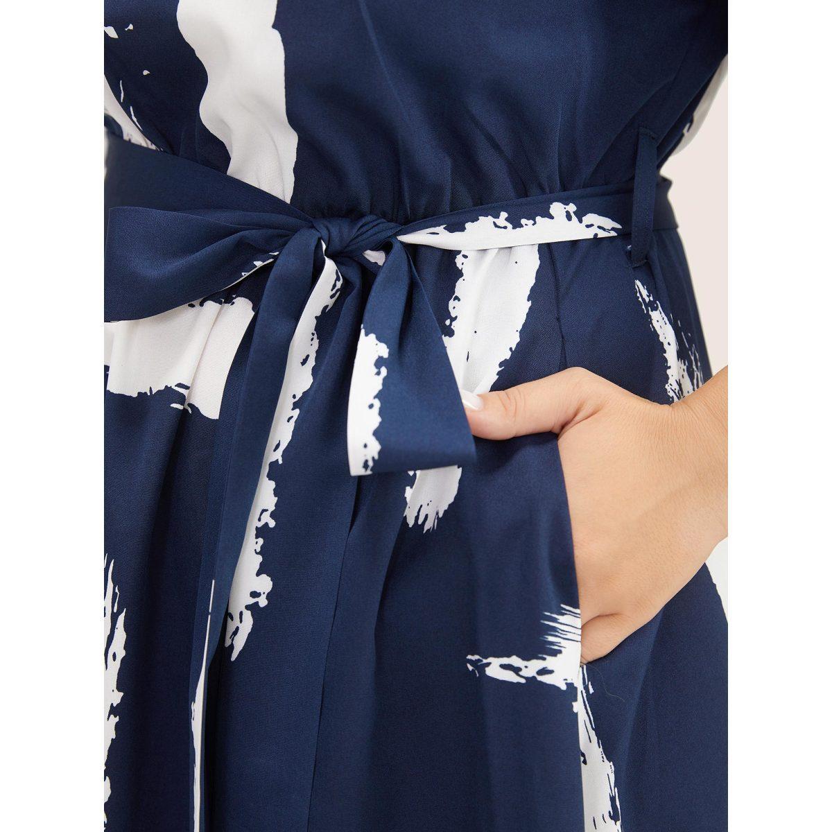 Plus Size Brush Print Keyhole Belted Pocket Flutter Dress DarkBlue Women At the Office Non Round Neck Short sleeve Curvy Midi Dress BloomChic 18-20/2X Product Image