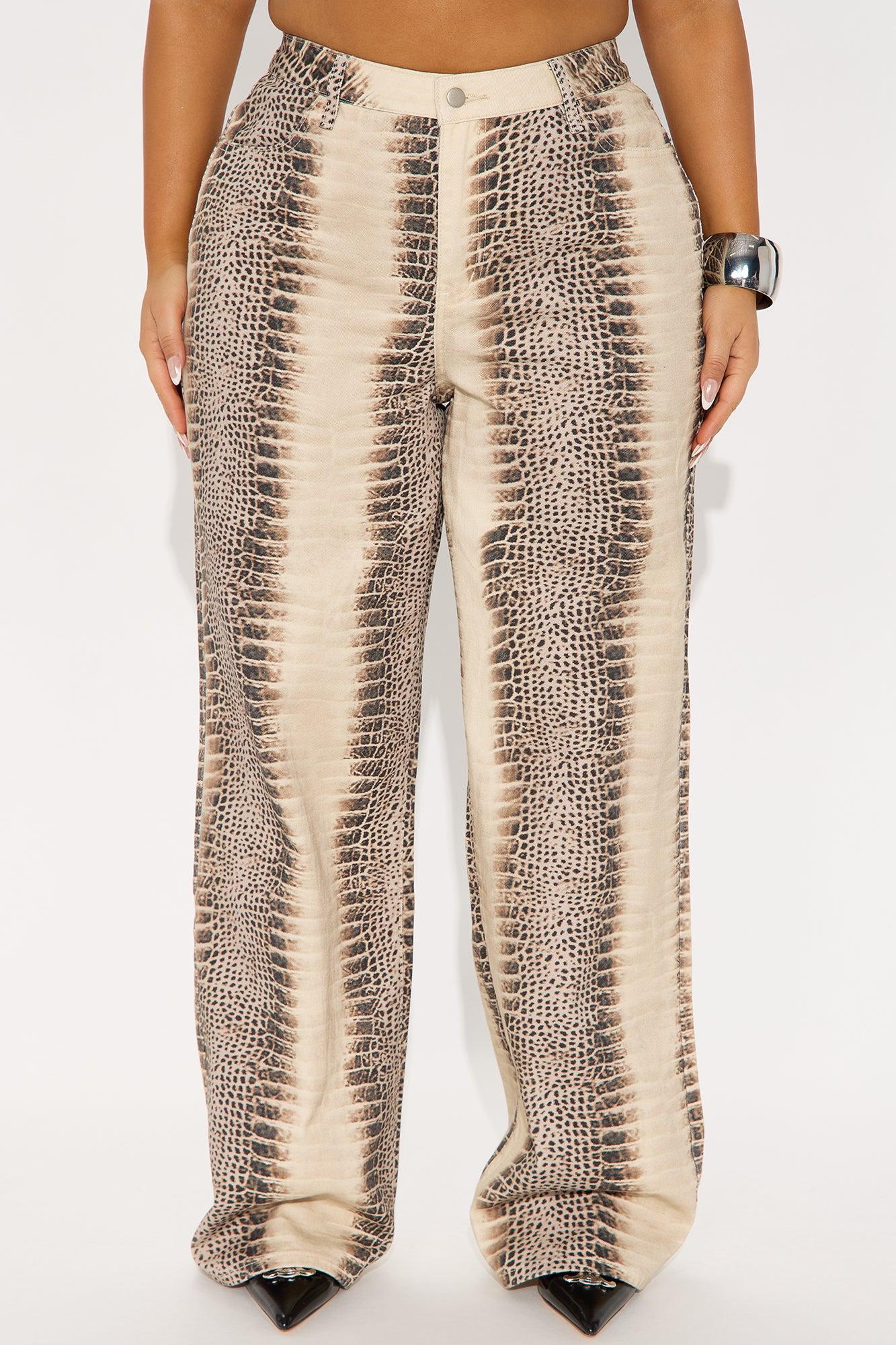 Rattle Me Up High Rise Snake Print Wide Leg Jeans - Beige/Brown Product Image