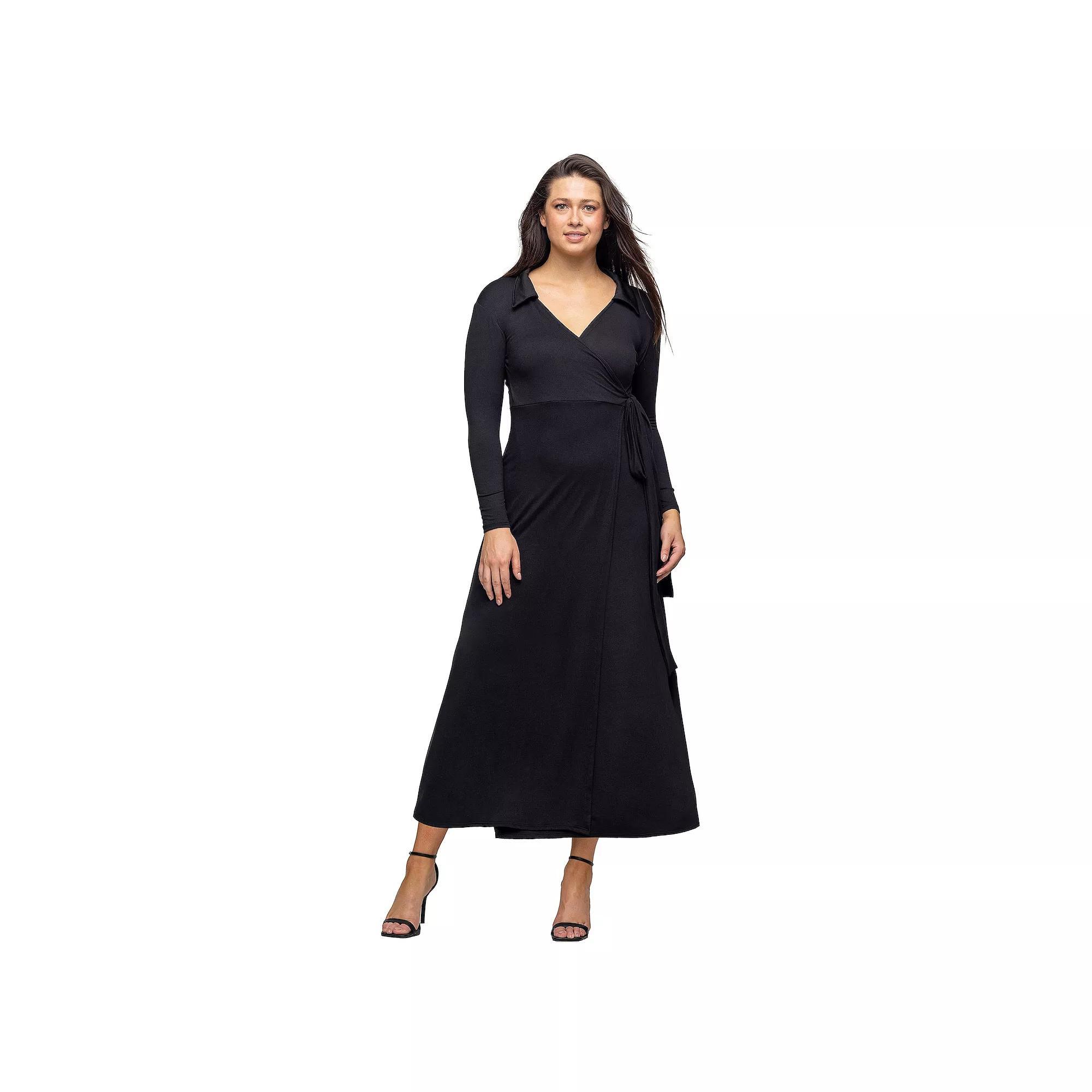 Women's 24Seven Comfort Apparel Comfortable Collared Wrap Maxi Dress, Size: XXL, Black Product Image