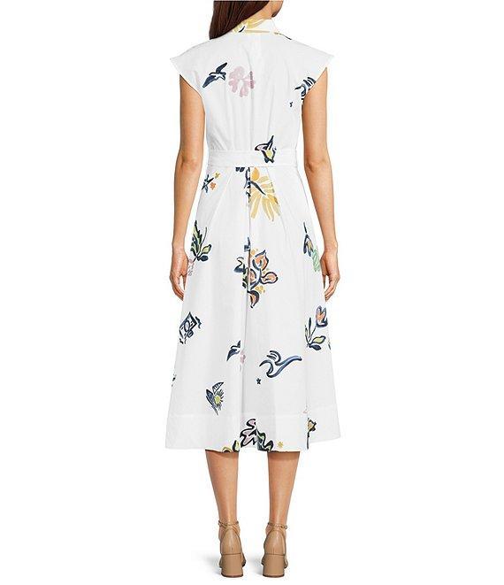 Marella Pier Floral Print Organic Stretch Poplin Point Collar Cap Sleeve Belted Midi Shirt Dress Product Image