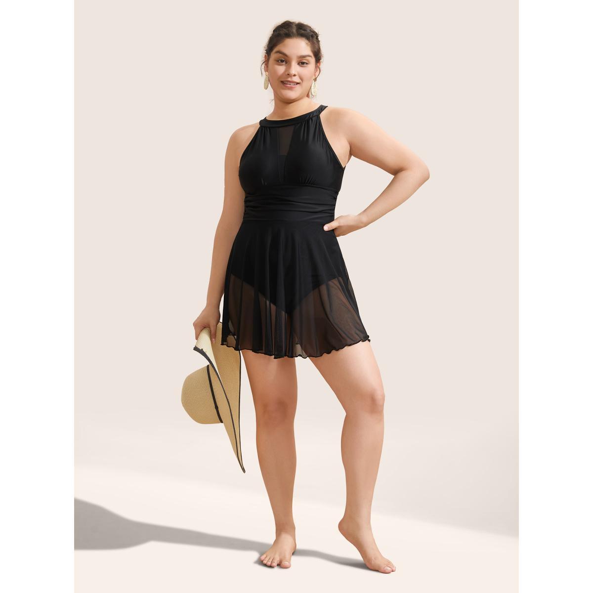Plus Size Knotted Back Mesh Insert Halter Swim Dress Women's Swimwear Black Beach Bodycon Round Neck High stretch Curve Swim Dresses BloomChic 26/4X Product Image