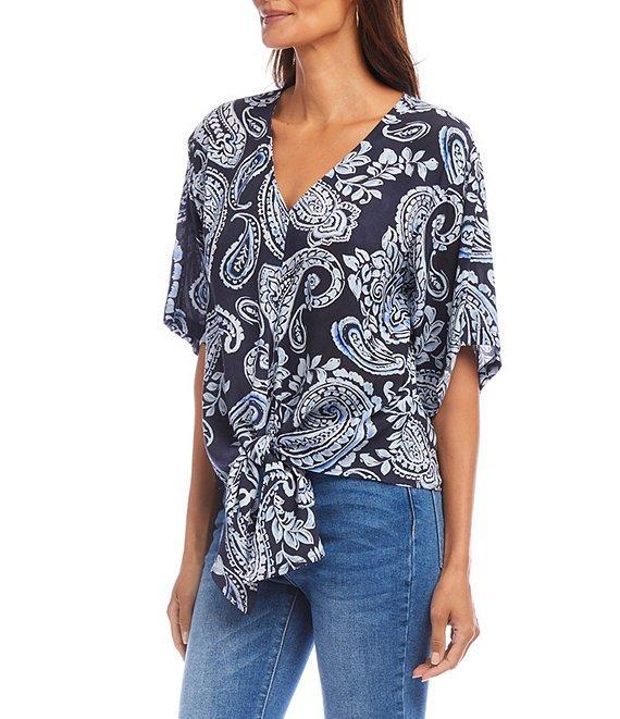 Karen Kane Paisley V-Neck Flutter Sleeve Tie Front Top Product Image