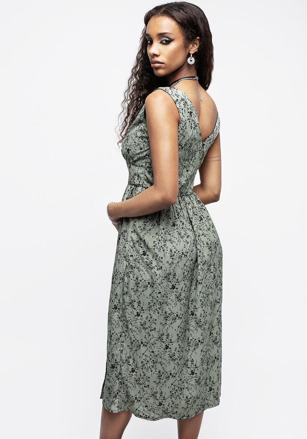Cassie Green Floral Corset Button Midi Split Dress Product Image