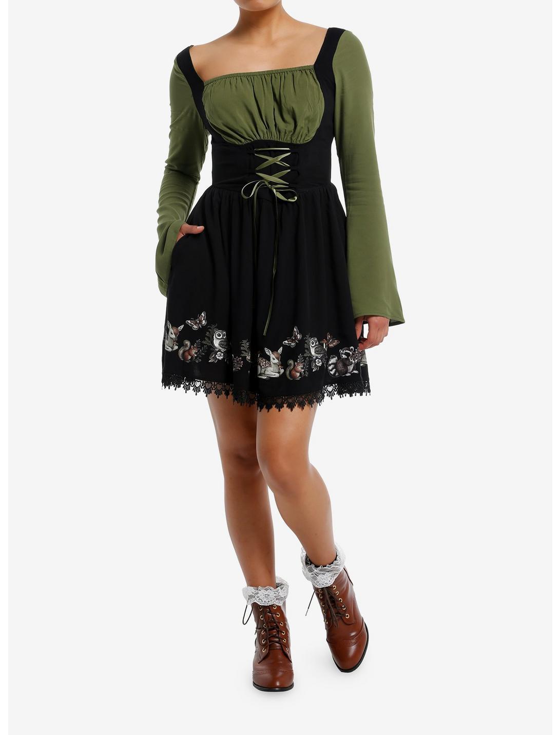 Thorn & Fable Woodland Critters Lace-Up Bell Sleeve Dress Product Image