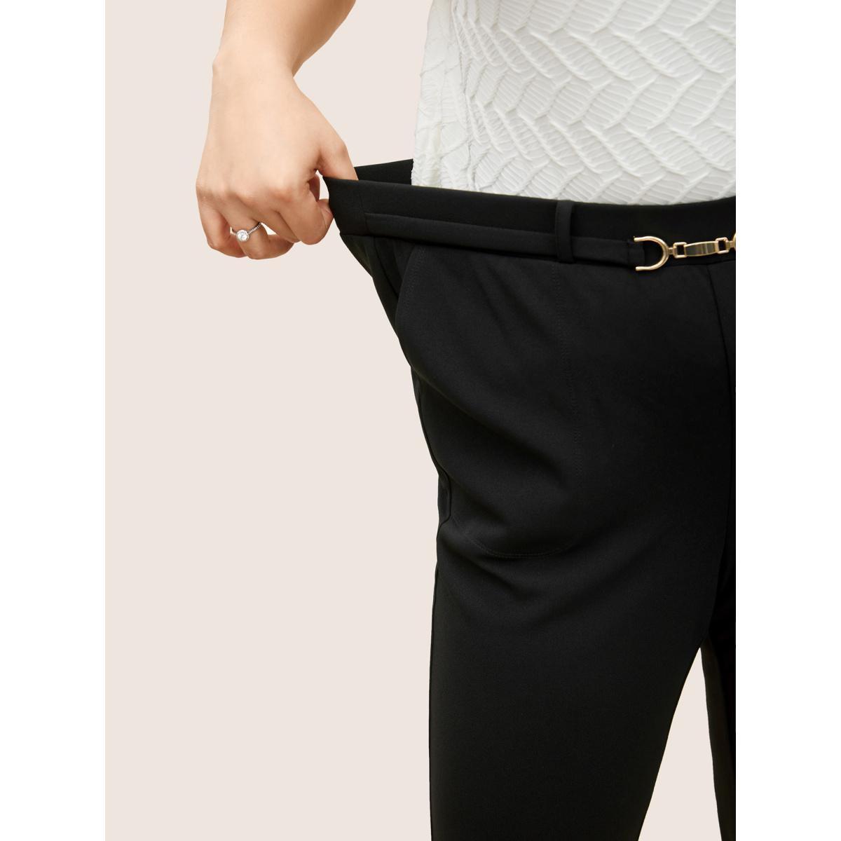 Plus Size Flare Leg Pocket Metal Buckle Detail Pants Women Black At the Office Flare Leg High Rise Work Pants BloomChic 18-20/2X Product Image