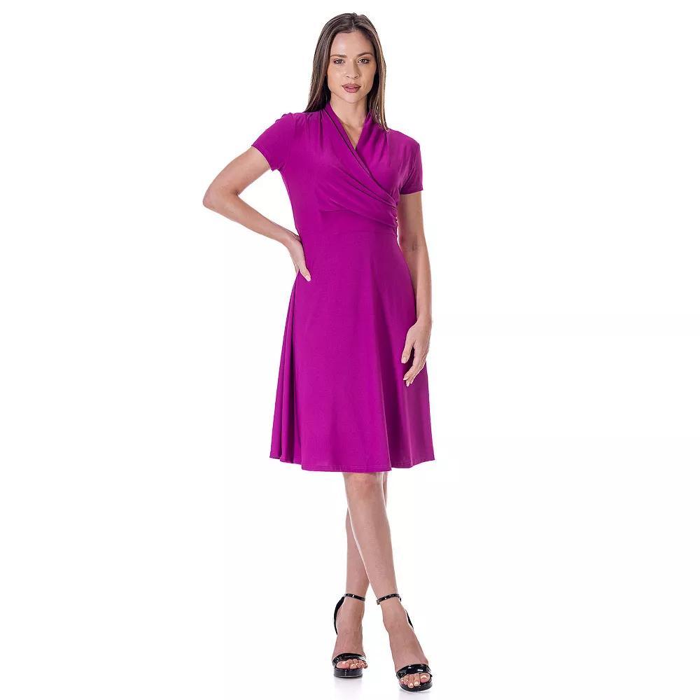Women's 24Seven Comfort Apparel Short Sleeve Knee Length V Neck Rouched Wrap Dress, Size: Medium, Pink Product Image