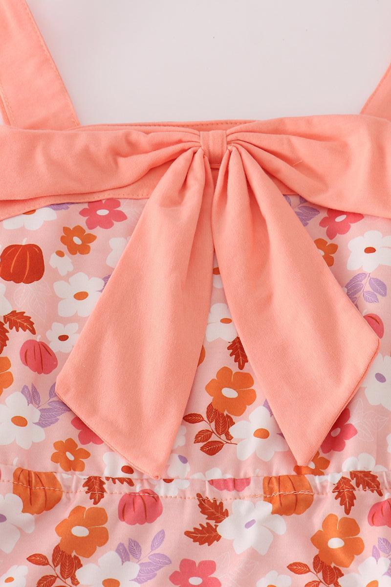 Pumpkin floral print bow women dress Female Product Image