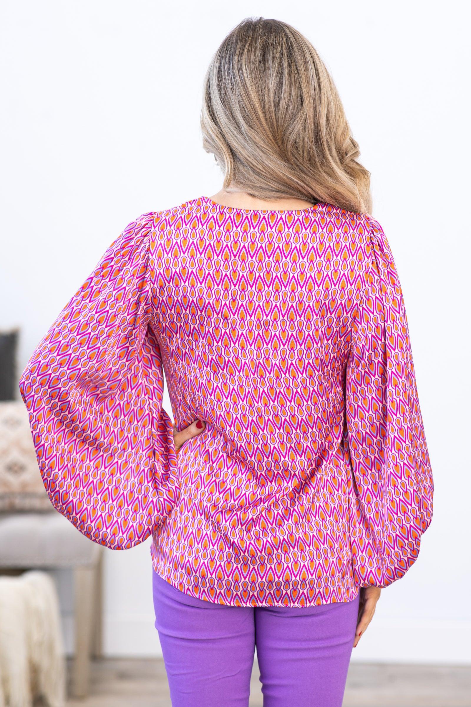 Pink Geometric Print V-Neck Long Sleeve Top Product Image